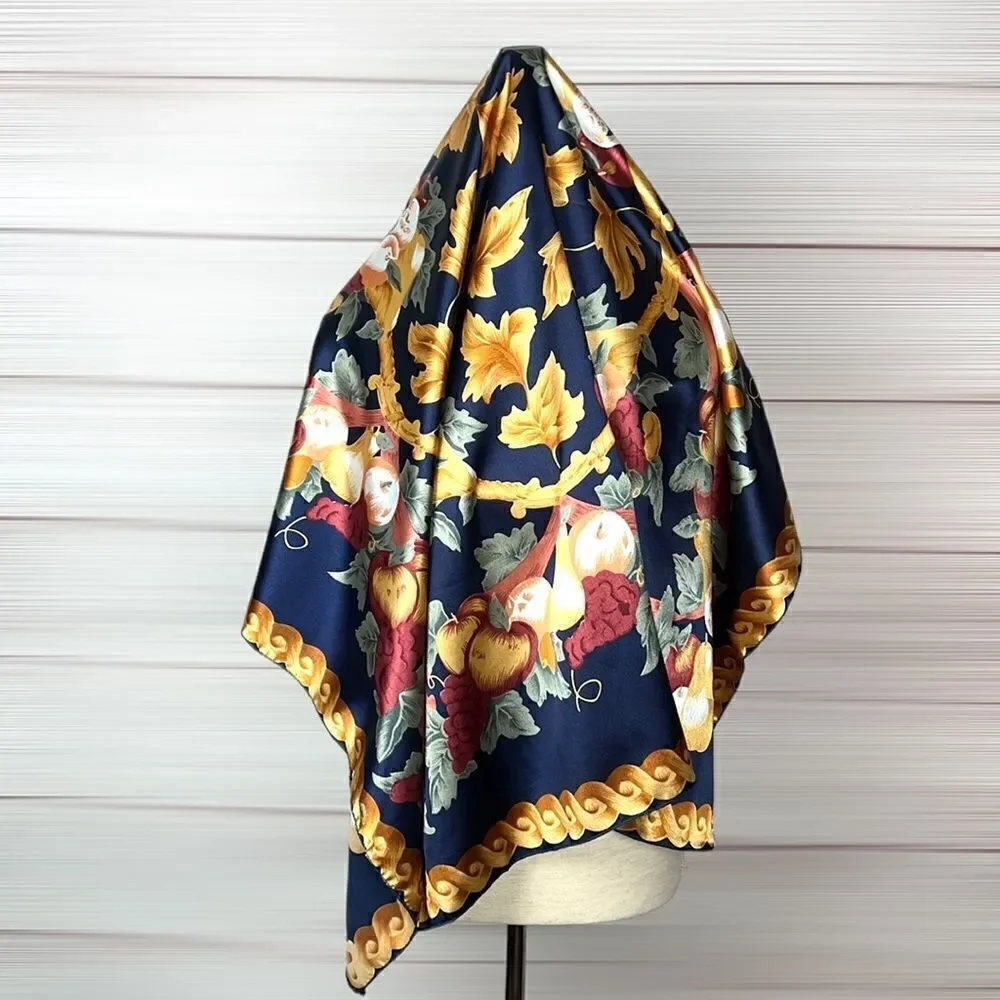 Silk Satin Navy Blue Square Scarf Fruits and Golden Leaves Print